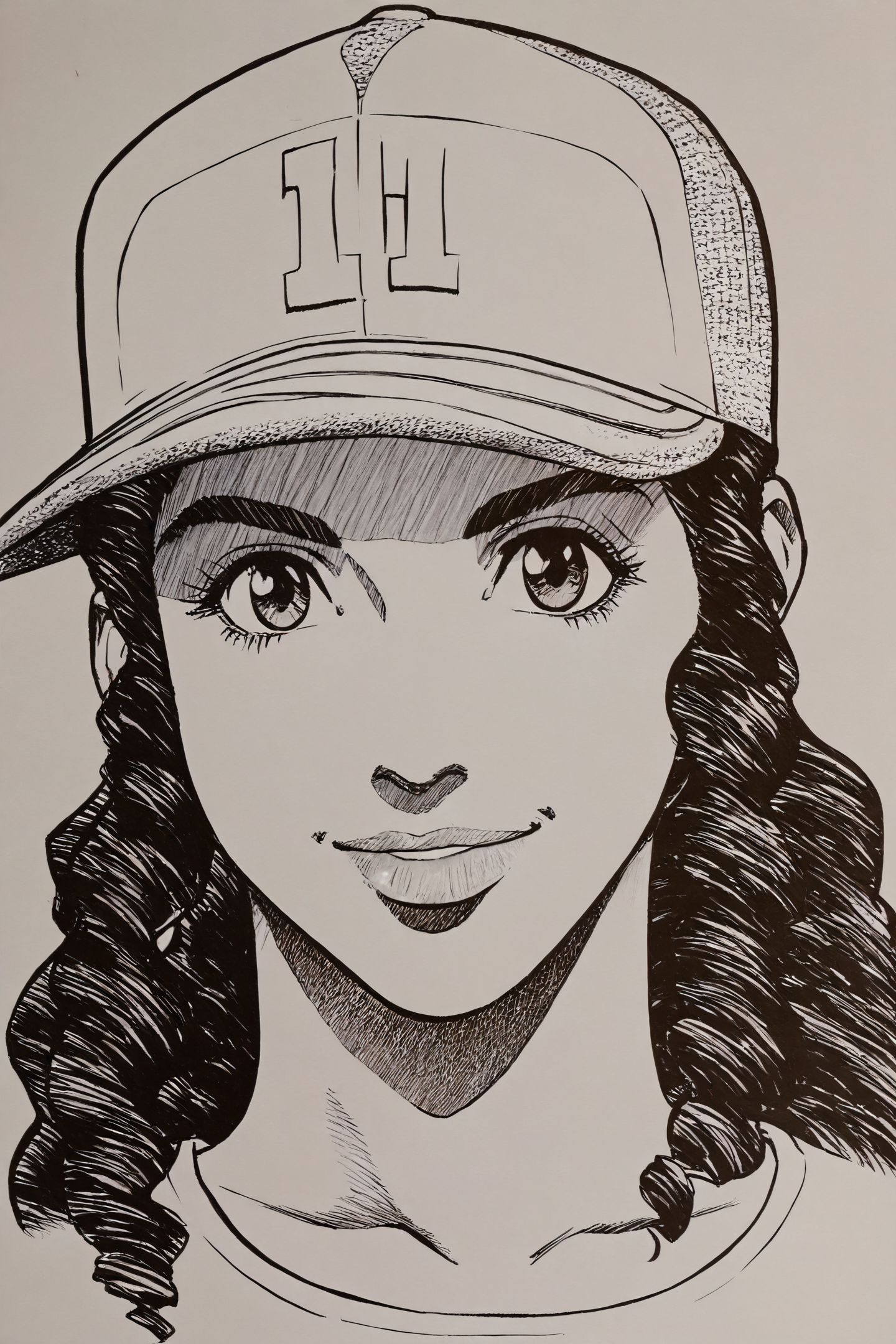 38797-3339628557-Inoue Ayako,monochrome,1girl,greyscale,solo,hat,smile,baseball cap,looking at viewer,portrait,traditional media,__lora_Inoue Tak.png